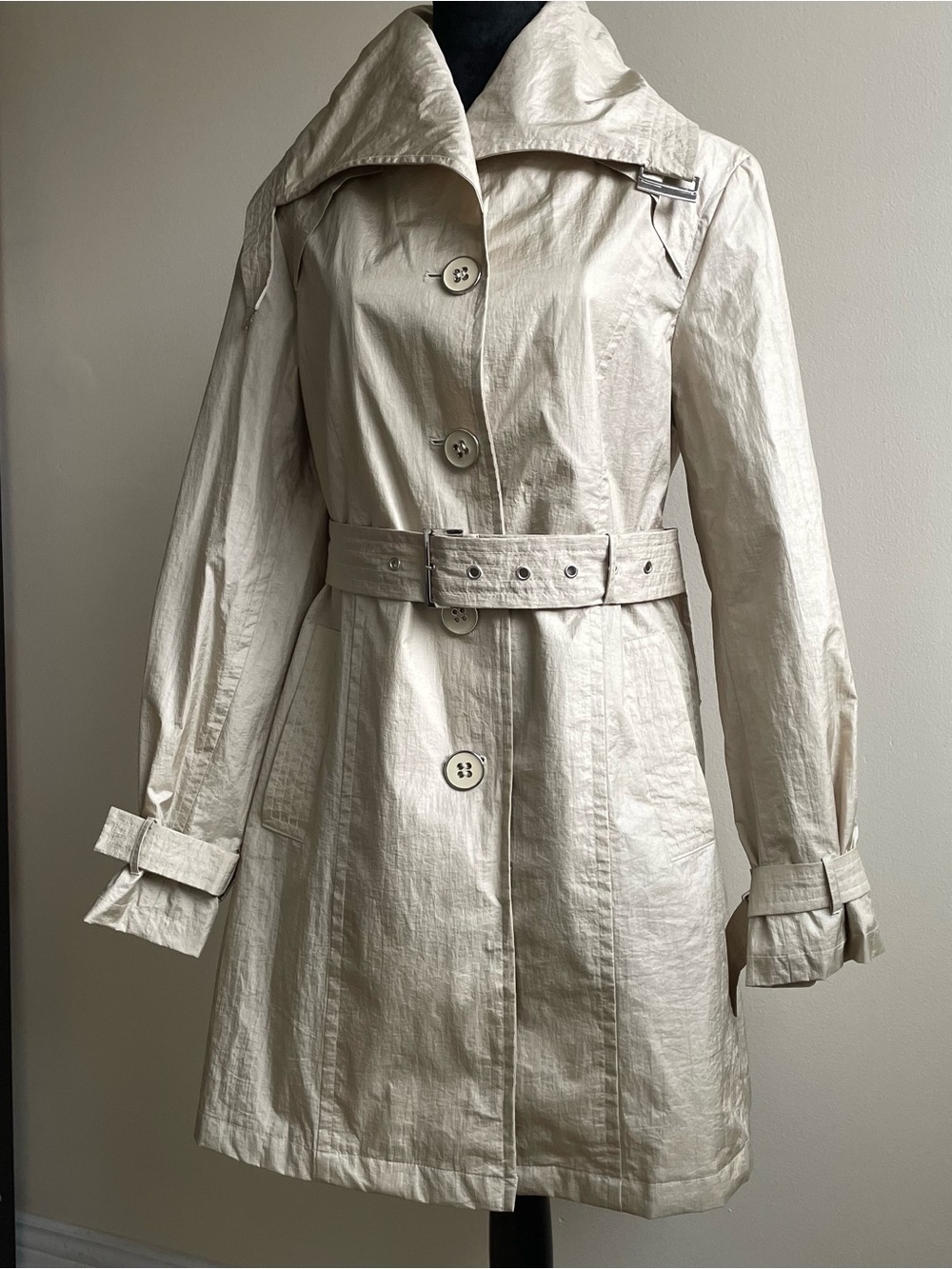 Marcona Shimmer Trench Coat Belted Lightweight Jacket Champagne Beige M